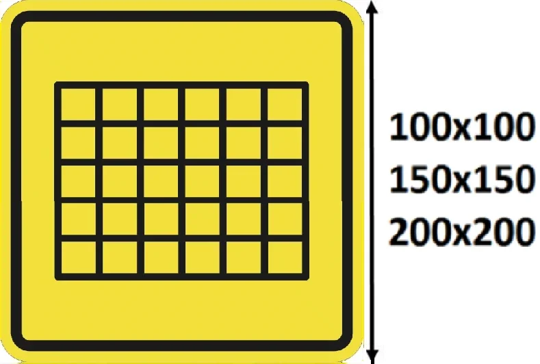 Jamoat belgisi — Panjara / Ventilyatsiya / Texnik zona (4 talqin) (sariq, kvadrat, brayl yo'q) — Panjara / ventilyatsiya — 5×6 ta kichik kvadrat matritsasi