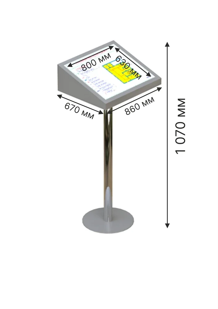 Mnemosxema stol-stand — bino plani taktil + Brayl (800×630mm stol, 1070mm balandlik, 30° qiya) — MNEMOSXEMA-TABLE-STAND — 800×630mm stol, 30° qiya, 1070mm balandlik