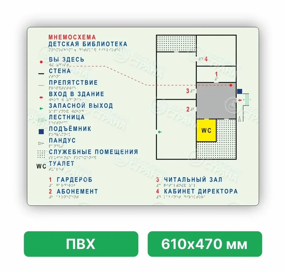 [SAHNA] Mnemosxema — taktil va brayl bino plani (buyurtmaga ko'ra) — Mnemosxema namuna — bolalar kutubxonasi (Детская библиотека), PVX 610×470 mm