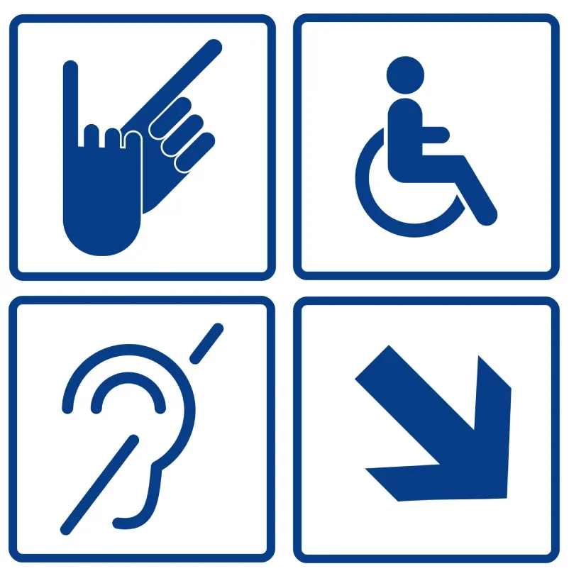 [SAHNA] Ichki NMG navigatsiya belgisi — quloq + chiziq (eshitish qiyinligi) (modern ko'k, oq fon) — Sahna: 4 belgi paketi (SIGN-LANGUAGE + WHEELCHAIR + HEARING + ARROW-DIAGONAL)